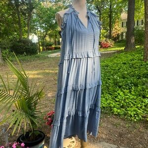 &merci Boutique Label Tiered Ruffle Midi Dress, Blue, Large, NWOT